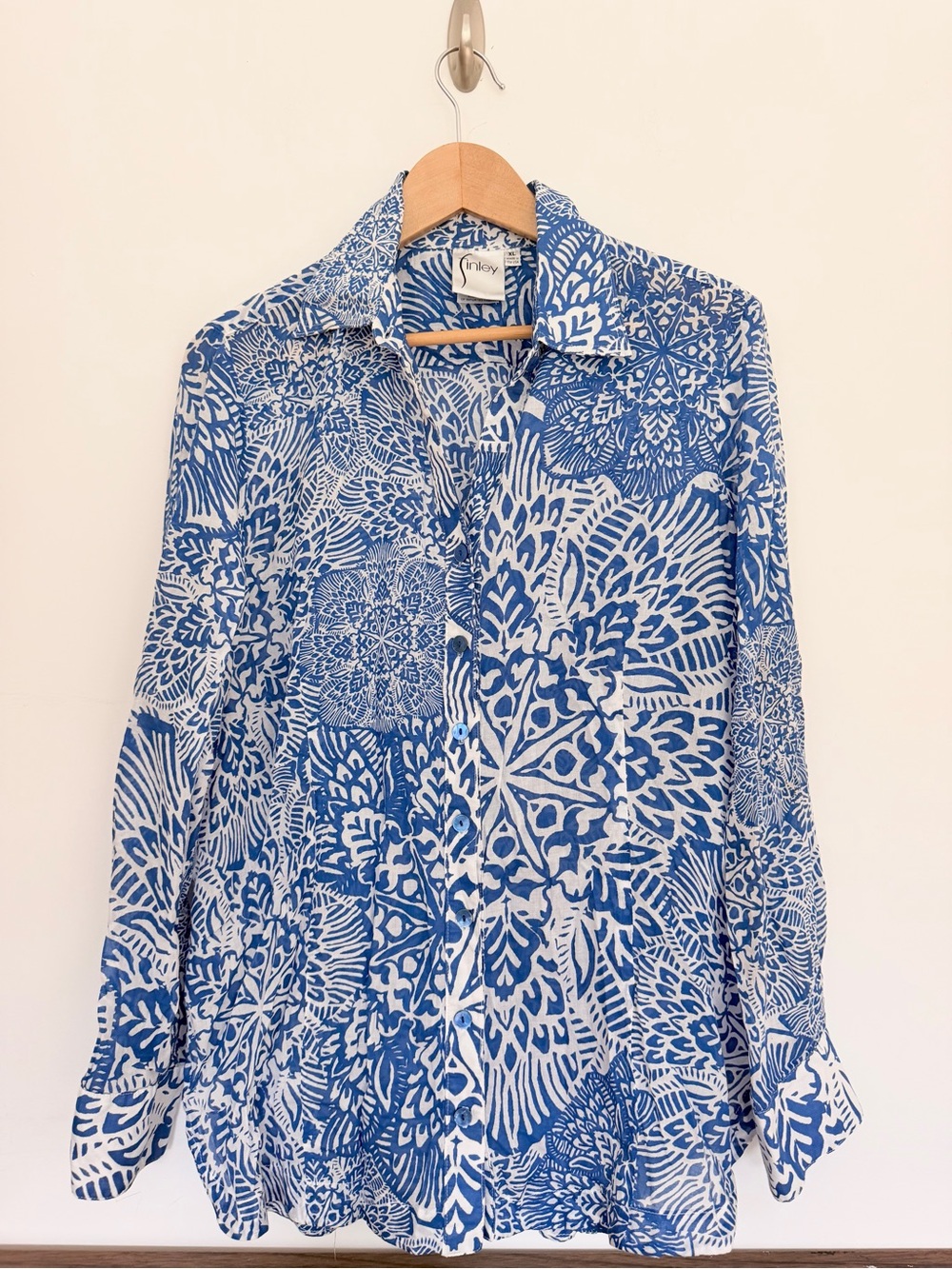 Finley Indigo Blue Floral Print Button-Up Shirt 100% Cotton Lightweight XLarge